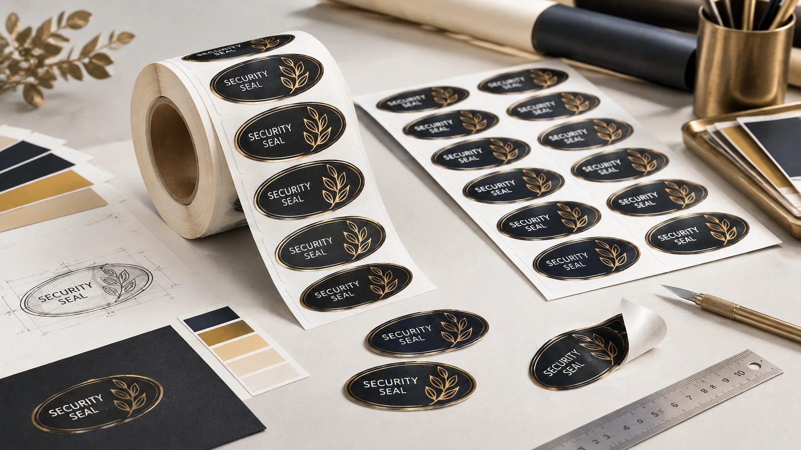 Sampel label keamanan oval hitam-emas pada gulungan dan lembaran di samping desain dan contoh warna