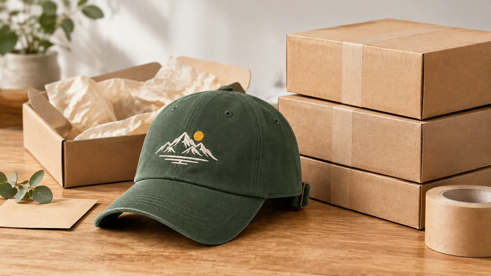 Topi hijau bersulam di samping kardus dan kertas kemasan