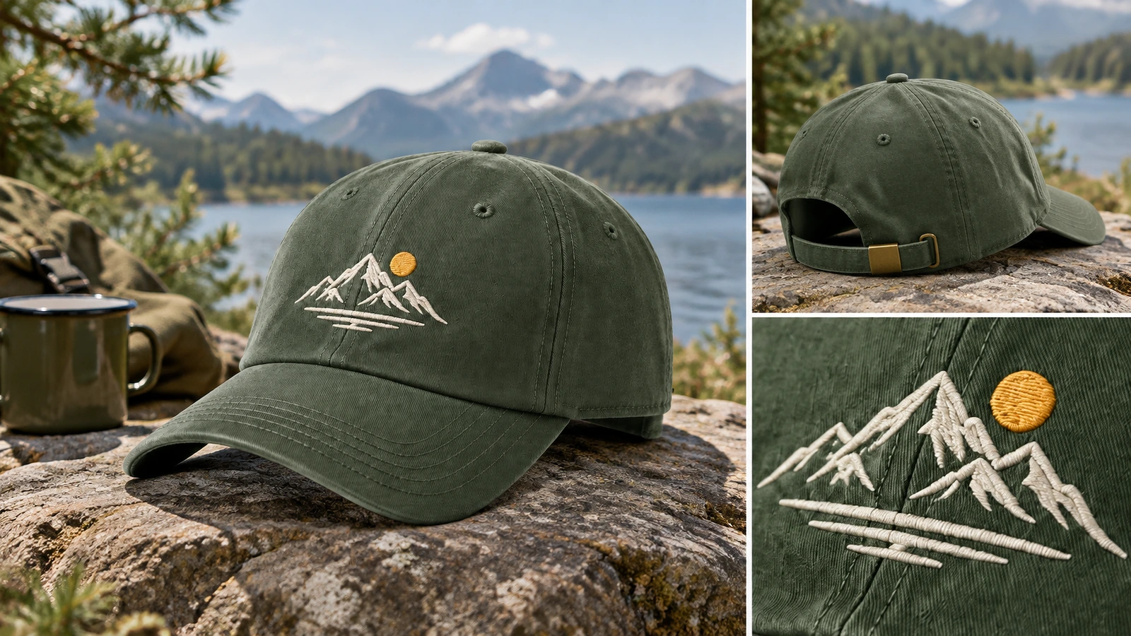 Tampilan display topi outdoor dengan inset tali belakang dan close-up bordir
