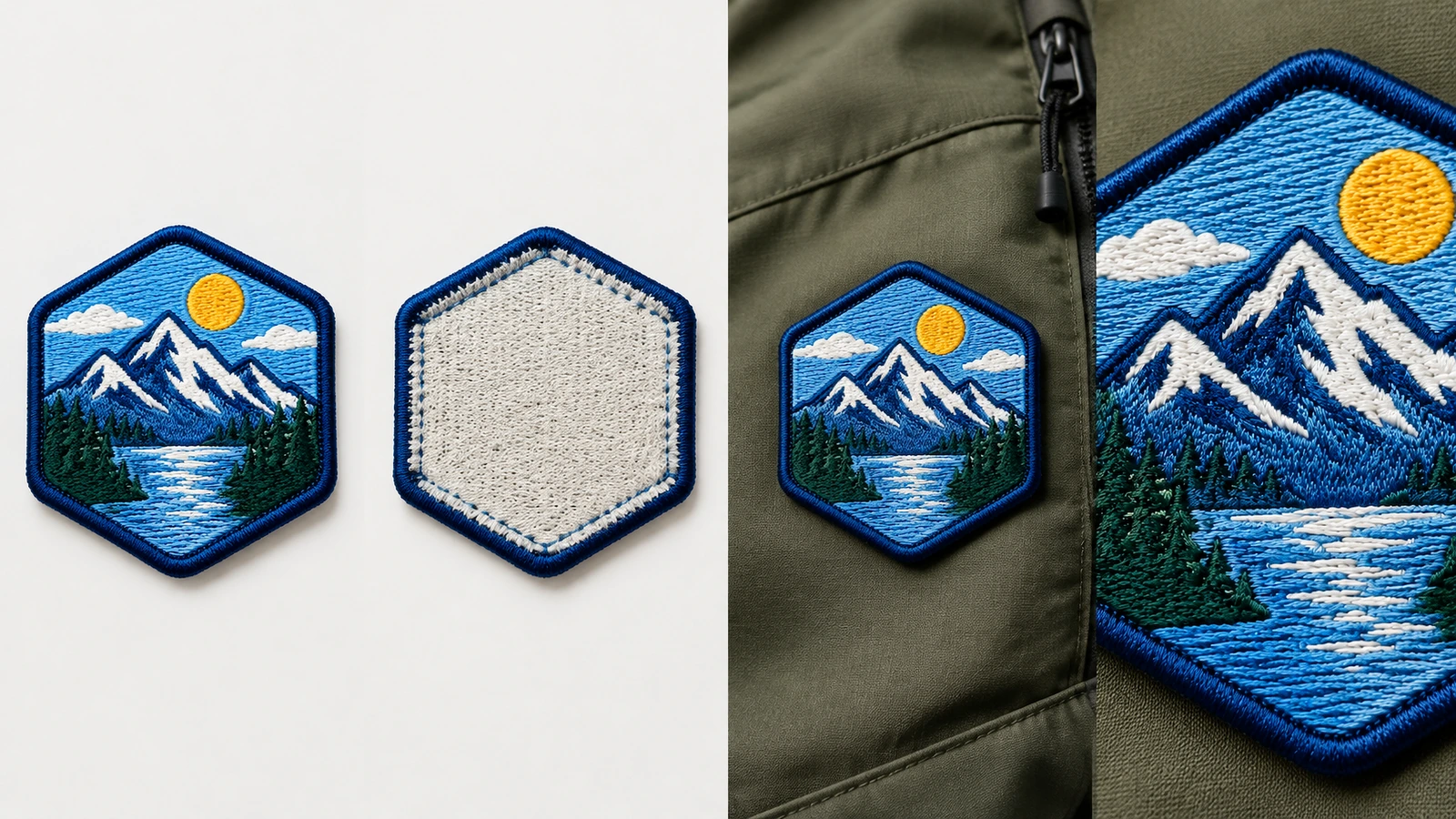 Kolase bagian depan dan belakang patch serta pakaian Kolase yang menampilkan bagian depan, belakang, dan posisi patch pada jaket