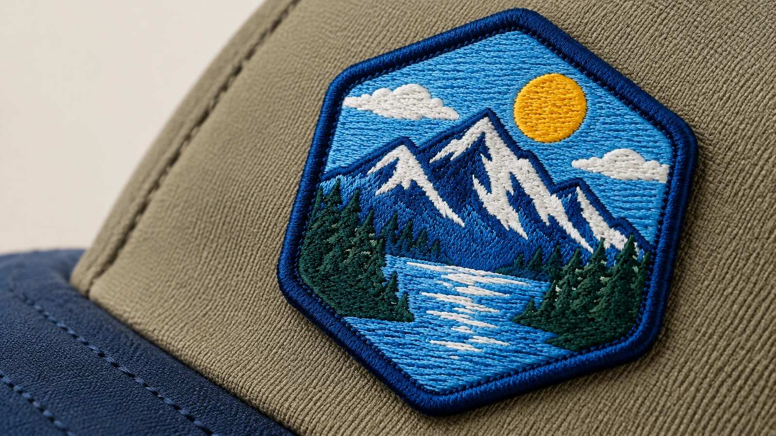 Patch pada topi kain Close-up patch bordir bertema pegunungan pada topi kain berwarna hijau zaitun