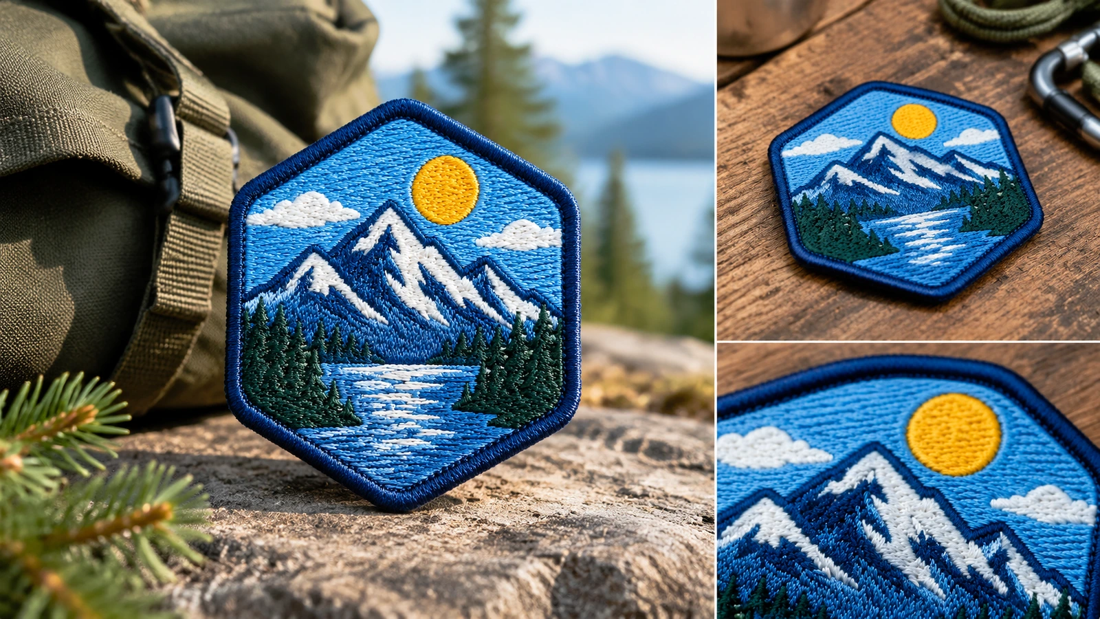 Kolase patch gunung dan detail jahitan Kolase patch gunung di luar ruangan, di atas kayu, dan close-up jahitan
