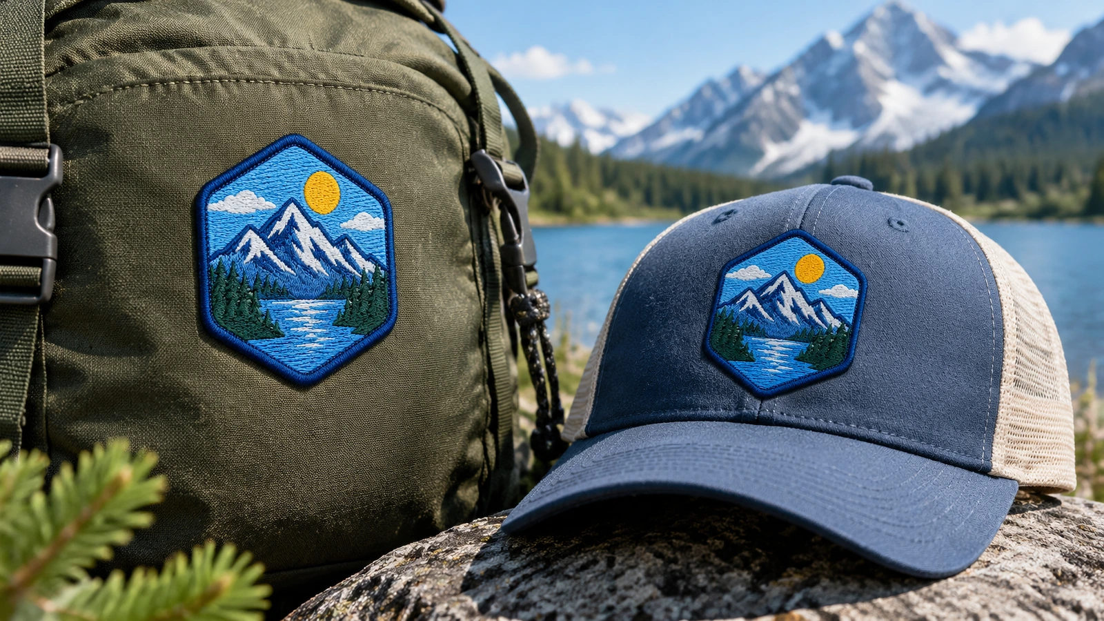 Patch gunung pada perlengkapan outdoor Patch gunung yang serasi pada ransel dan topi di tepi danau
