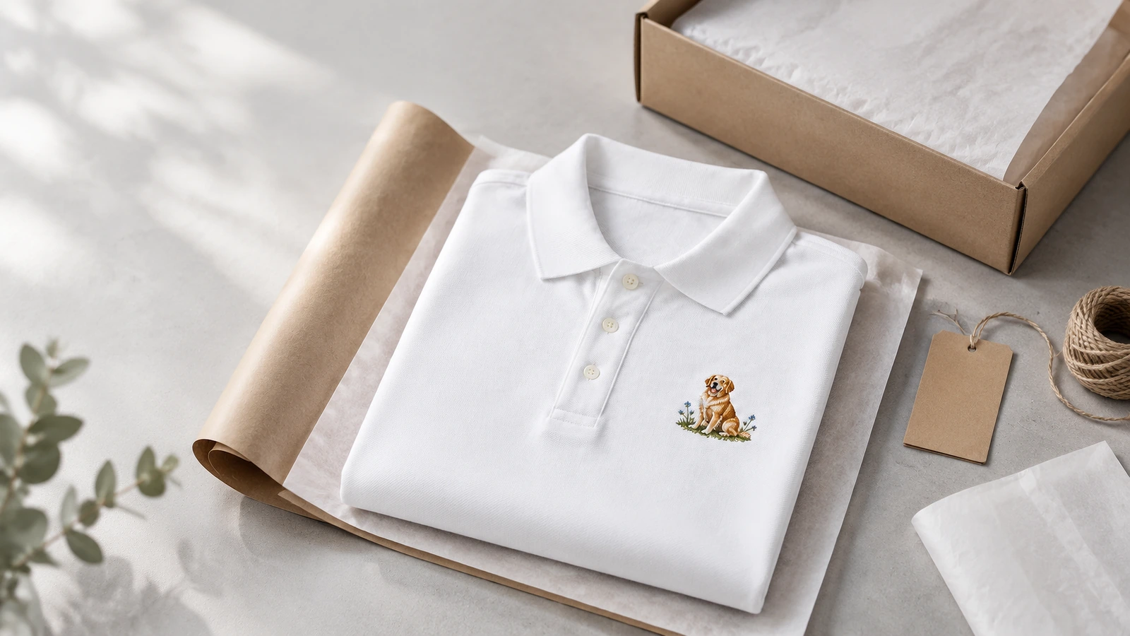 Polo putih berbordir terlipat di atas kertas bungkus kraft di samping kotak dan label kosong