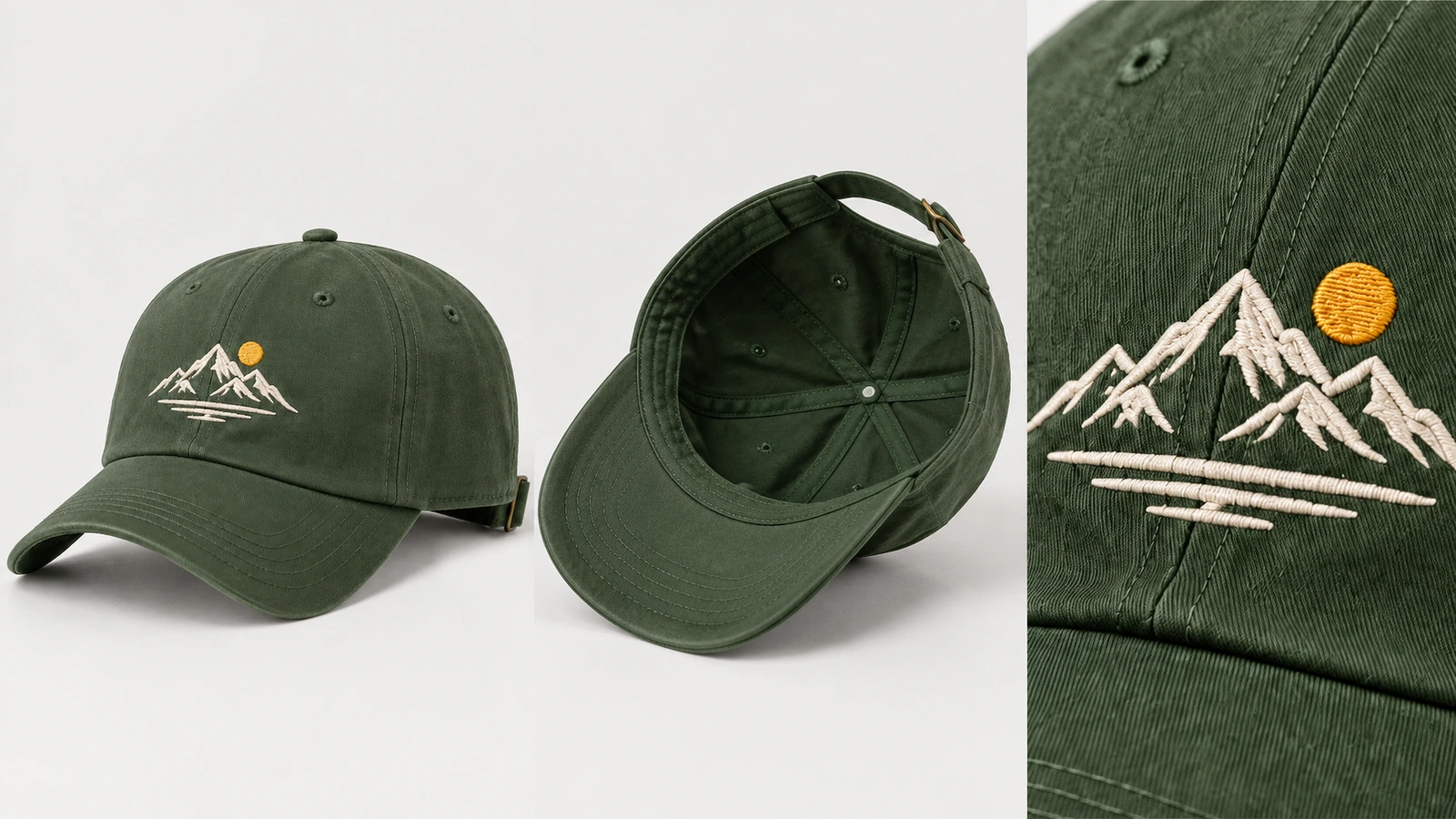 Tampak depan dan dalam topi di samping close-up desain bersulam