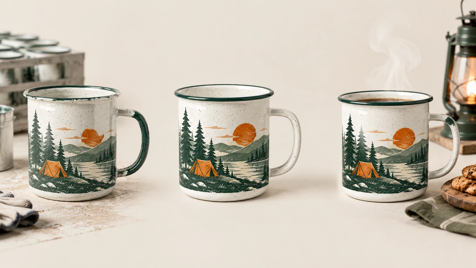Tiga mug bertema berkemah di atas meja dapur di samping peralatan kopi