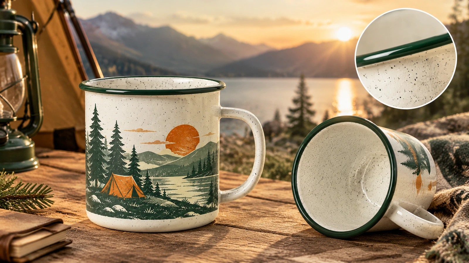 Mug berkemah di tepi danau saat matahari terbenam dengan inset close-up bibir hijau