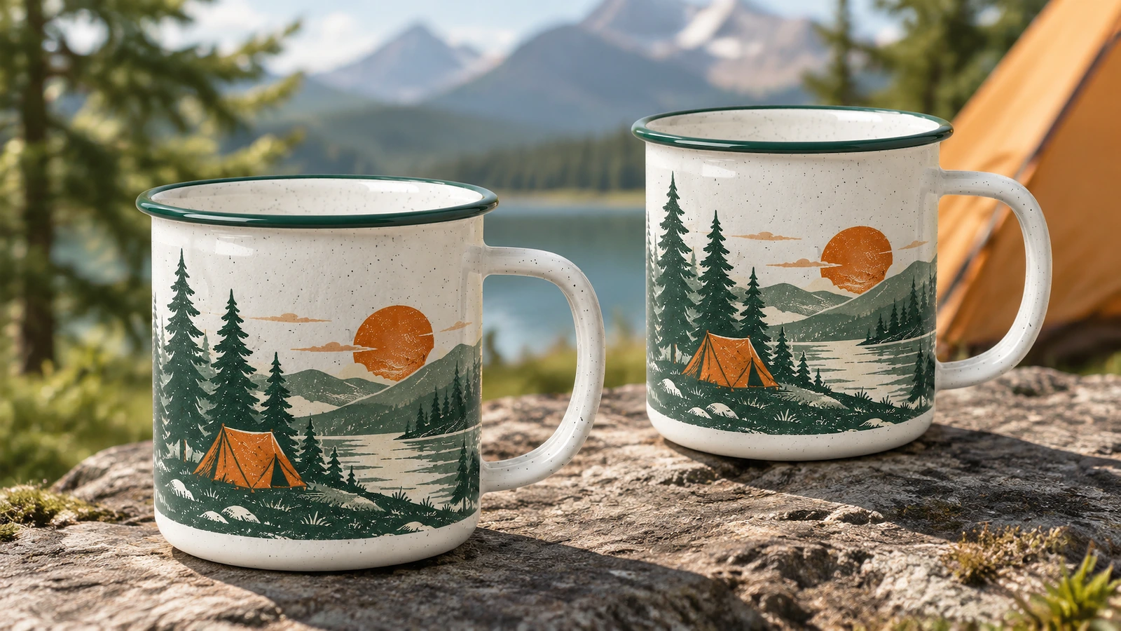 Dua mug bertema berkemah di atas batu dekat danau dan tenda