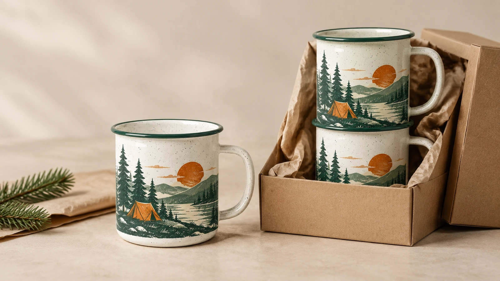 Mug berkemah di samping kotak kraft terbuka dengan bantalan kertas