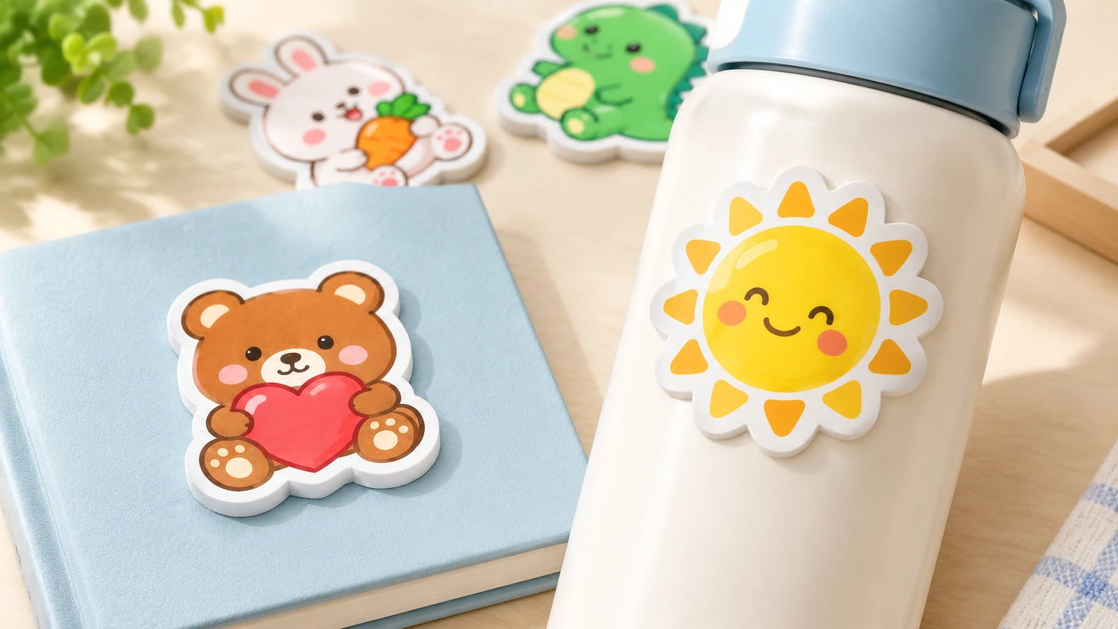 Stiker busa beruang di atas buku catatan biru dan stiker busa matahari di atas botol putih