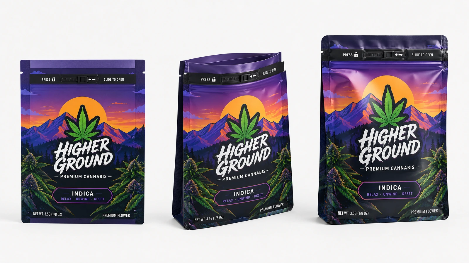 Tampilan profil kantong yang dicetak Tiga tampilan kantong ungu dengan desain gunung dan daun ganja