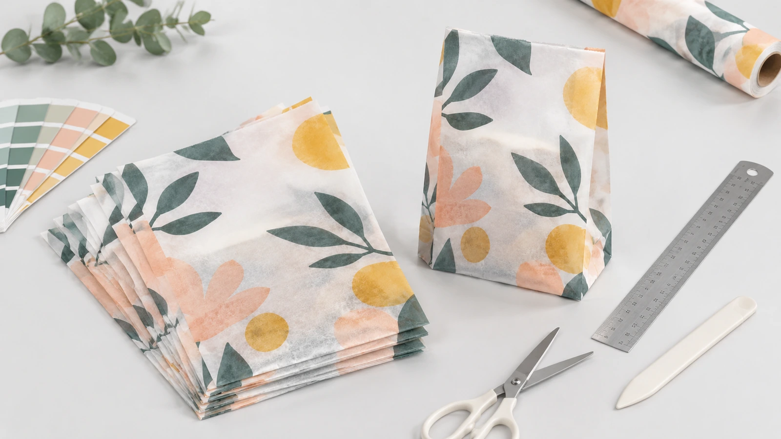 Tas kertas tembus cahaya bermotif bunga dengan gulungan kertas, penggaris, gunting, dan contoh warna