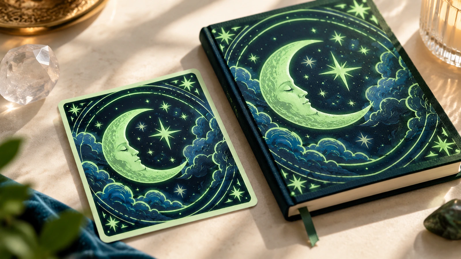 Stiker bulan dan bintang di samping buku catatan dengan desain langit yang serasi