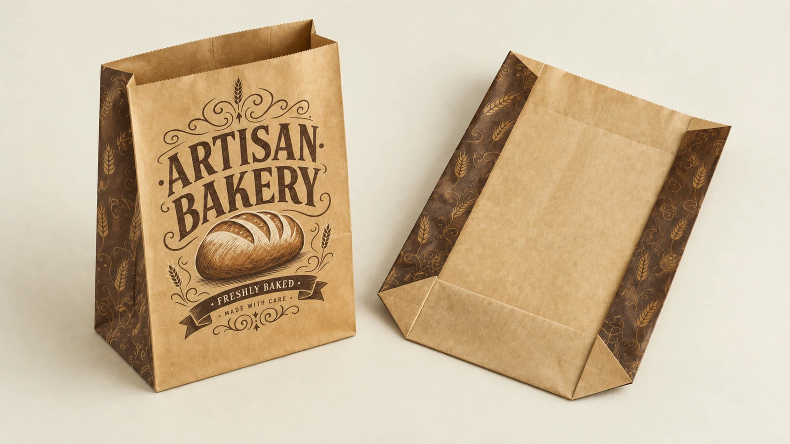 Tampak depan dan belakang kantong kertas roti Tampak depan dan belakang kantong kertas cokelat ARTISAN BAKERY dengan panel sisi bermotif