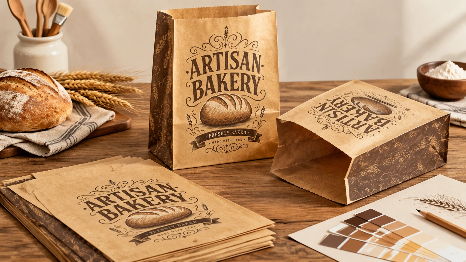 Sesuaikan persyaratan kantong bakery dengan makanan dan skenario bawa pulang Adegan pembelian bakery ilustratif dengan sampel kantong kertas tercetak di samping pastri