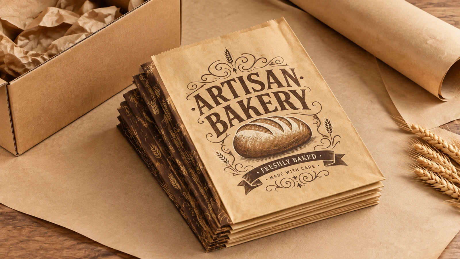 Kantong roti rata dan bahan kemasan Tumpukan kantong ARTISAN BAKERY rata di samping kotak karton, kertas pembungkus, dan gandum