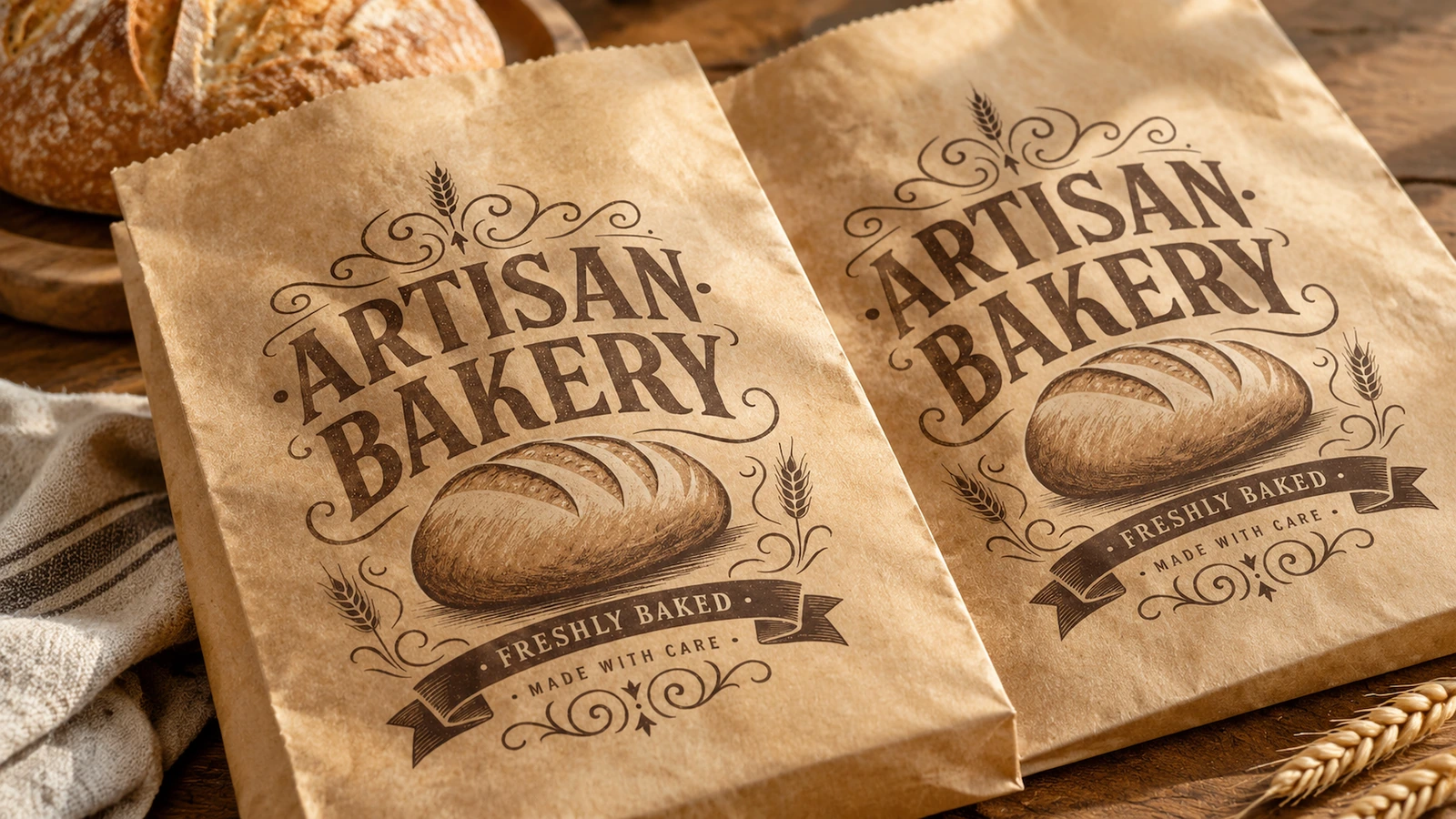 Kantong roti di samping roti Dua kantong ARTISAN BAKERY cokelat di samping roti dan gandum