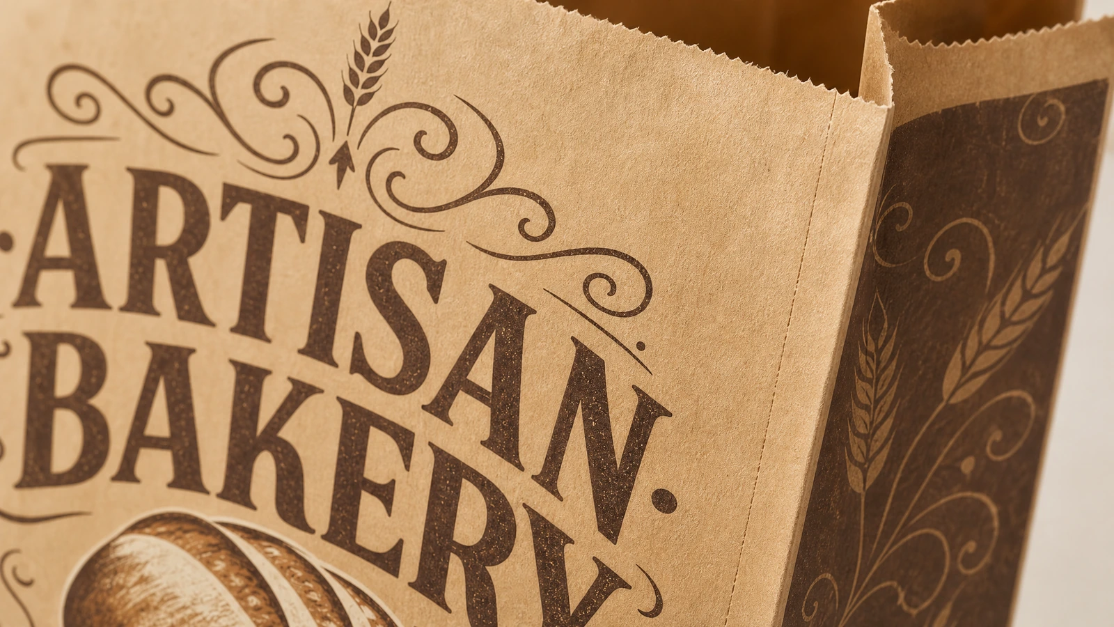 Detail cetakan dan bukaan kantong roti Close-up cetakan ARTISAN BAKERY dan bukaan kantong bergerigi