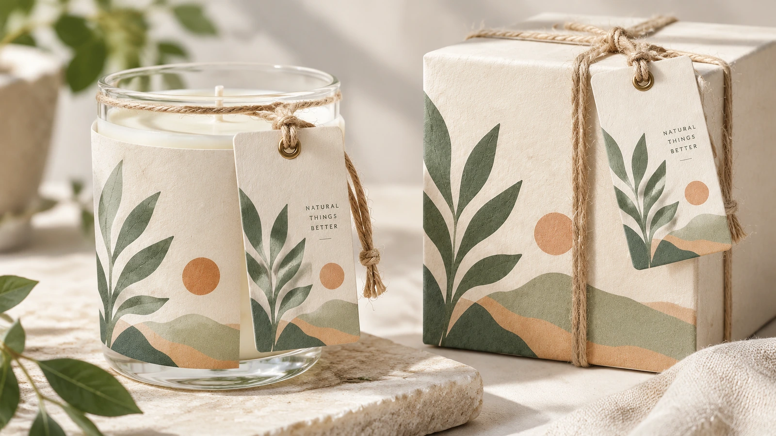 Label gantung botani terpasang pada toples lilin dan kotak hadiah