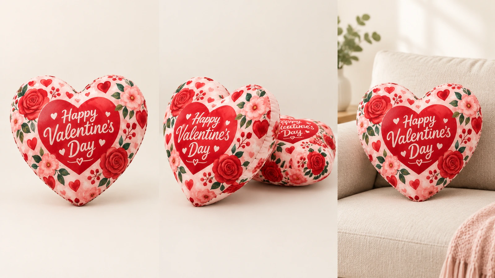 Kolase bantal hati Valentine bermotif bunga dalam beberapa posisi pajangan