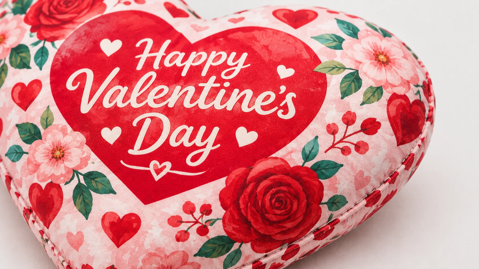 Close-up bantal hati bermotif bunga yang dicetak dengan ucapan Valentine
