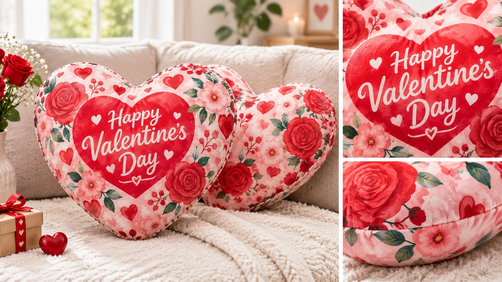 Pajangan sofa bantal hati bermotif bunga dengan close-up ucapan dan jahitan