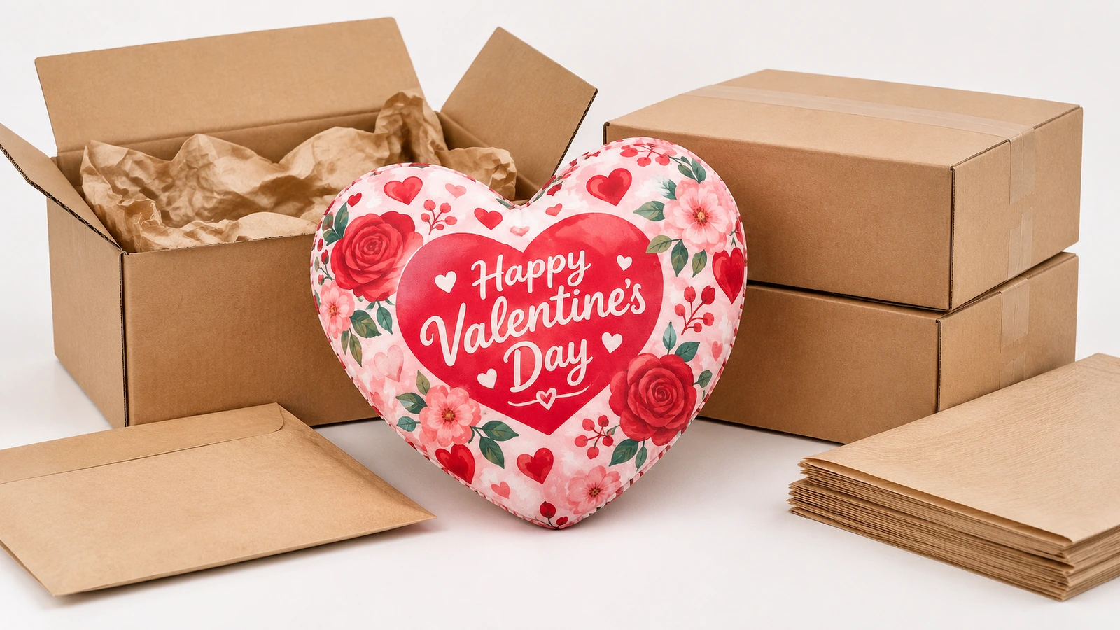 Bantal hati Valentine di samping kotak karton dan bahan kemasan kertas