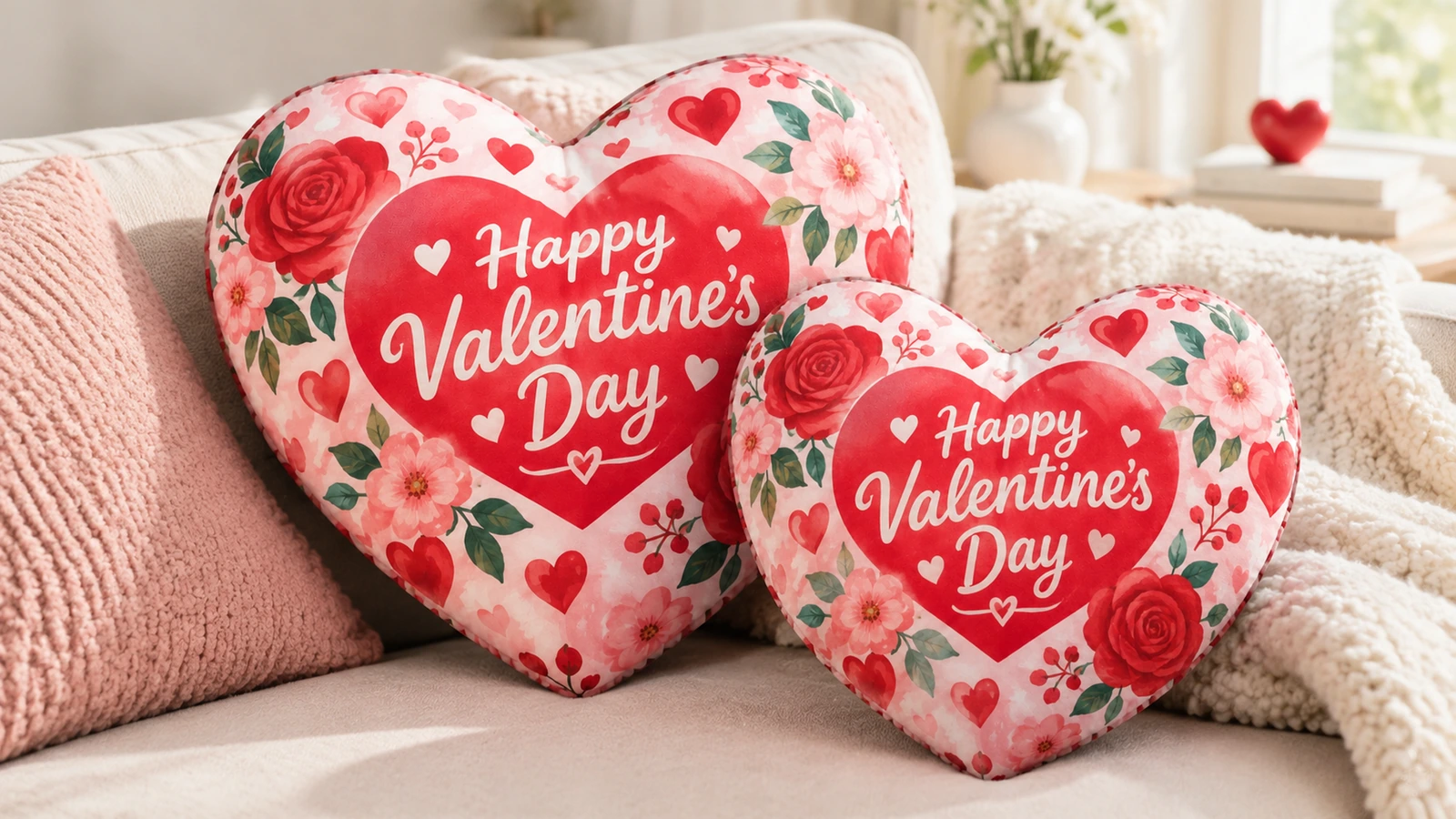 Dua bantal hati Valentine bermotif bunga dipajang di atas sofa
