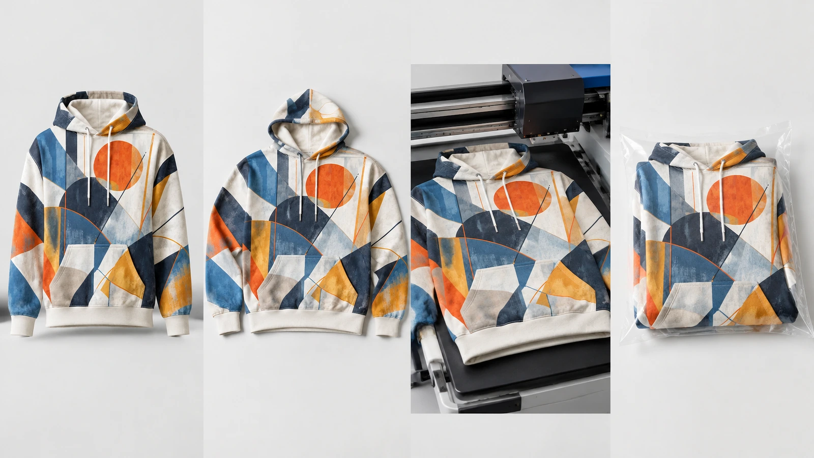 Kolase hoodie geometris yang diperlihatkan berdiri, rata, terlipat, dan diposisikan di bawah peralatan cetak