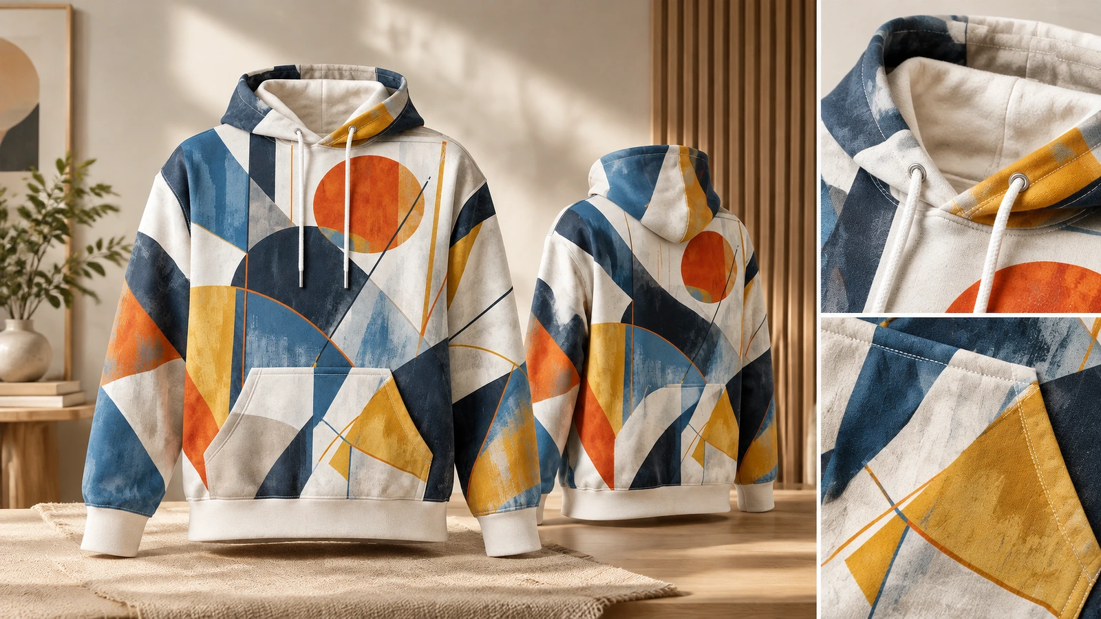 Tampak depan dan belakang hoodie geometris dengan close-up tudung dan saku