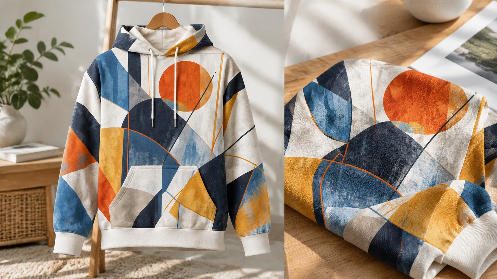 Hoodie geometris di gantungan di samping close-up lengan bercetak