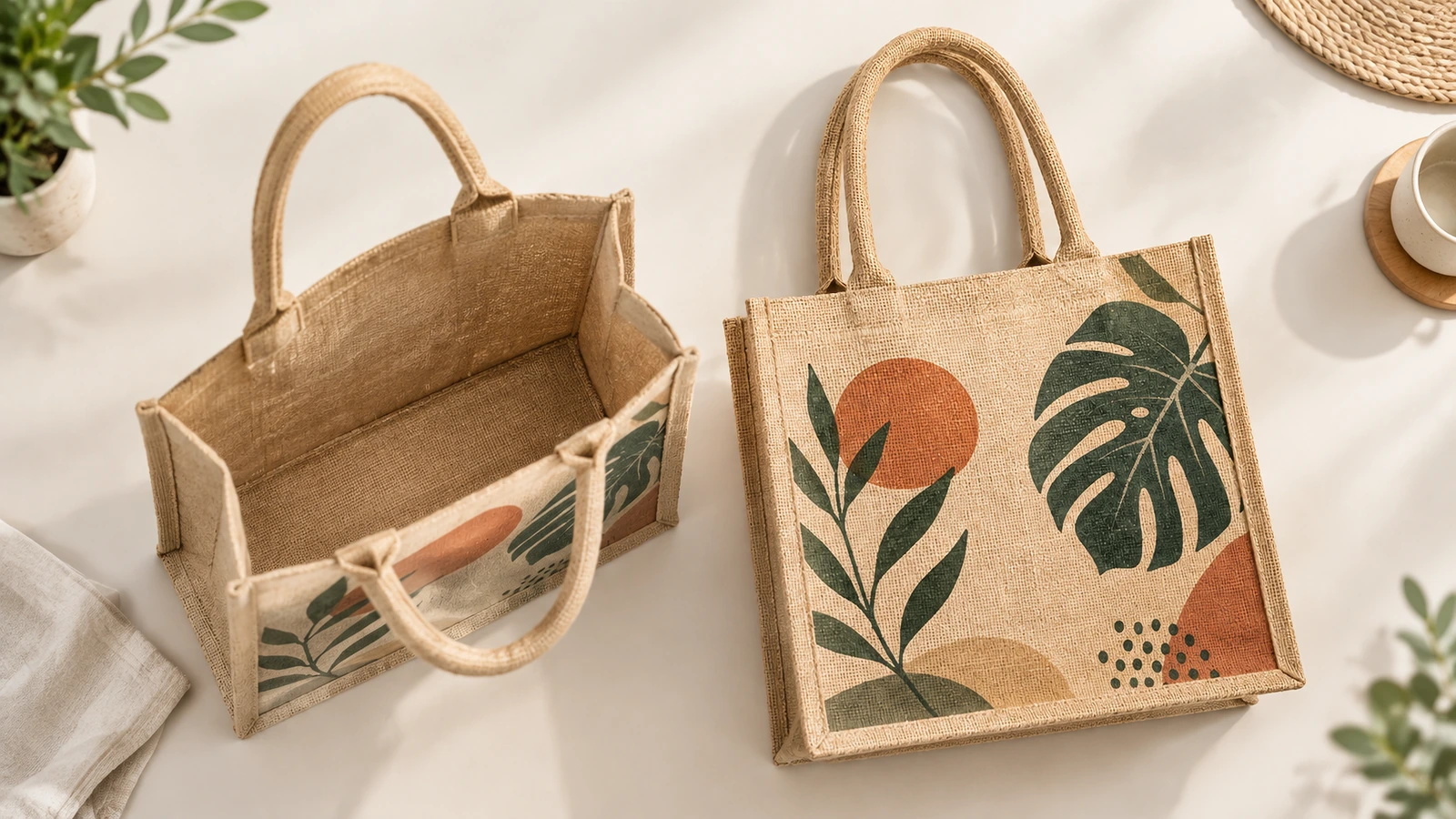 Tas tote jute serupa, terlihat terbuka dari atas dan dalam posisi rata, dengan artwork cetak yang tampak jelas