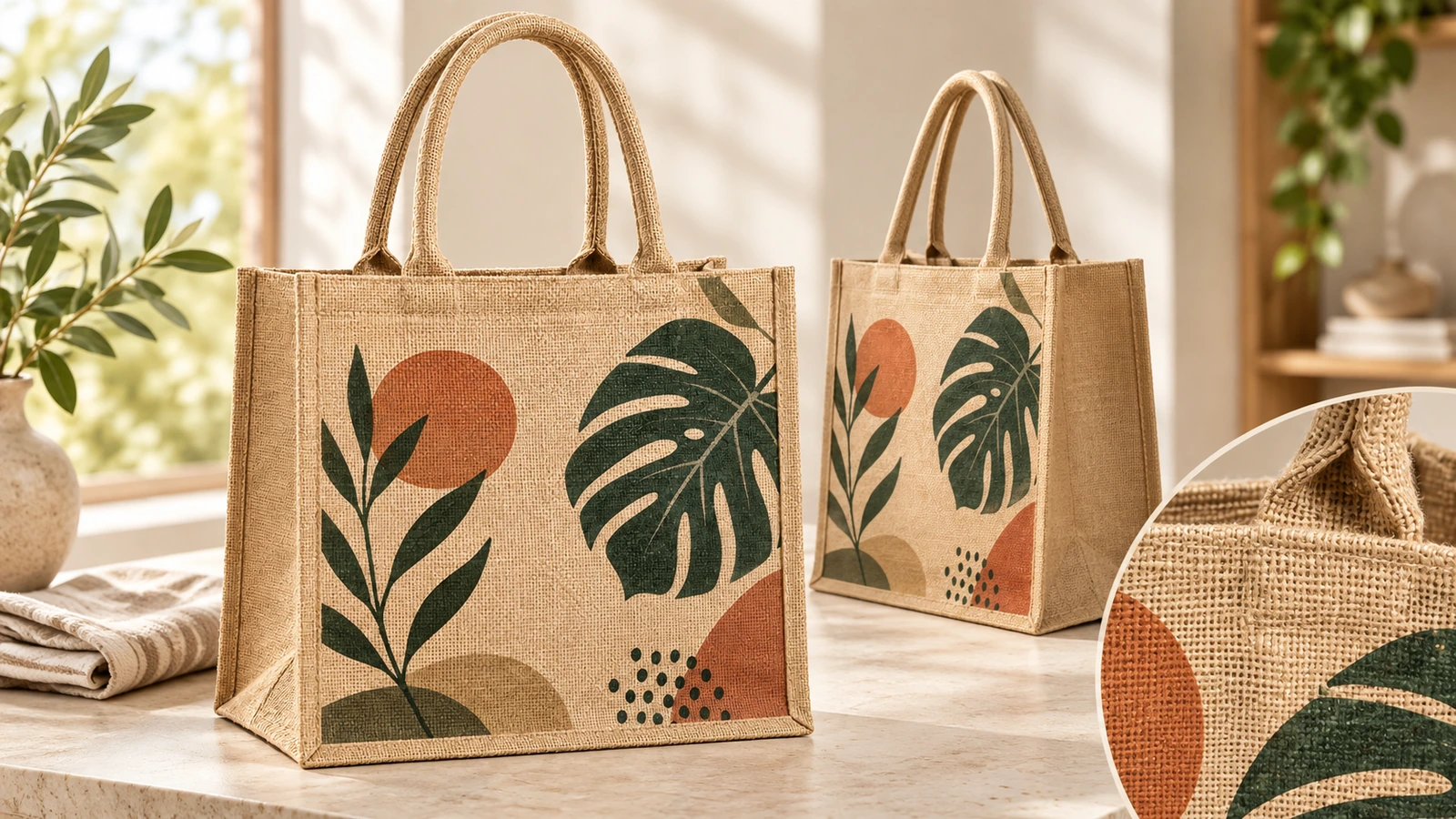 Kolase dua tas tote jute bercetak dengan close-up lingkaran anyaman dan artwork