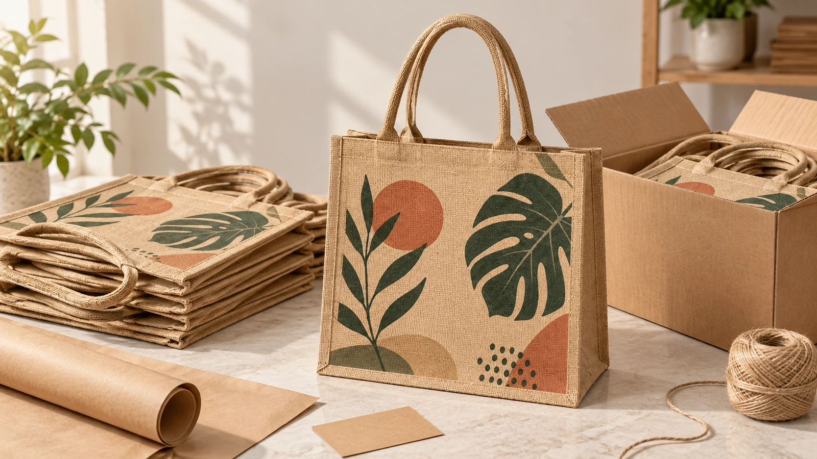 Tas tote jute bercetak ditumpuk dan dikemas di samping kardus terbuka, kertas kraft, dan tali