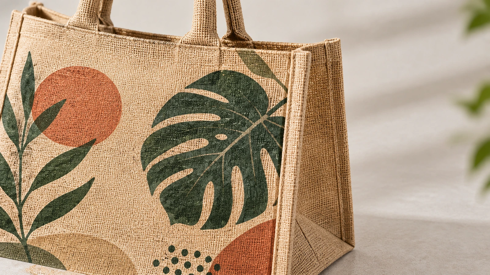 Close-up tas tote jute yang memperlihatkan artwork daun hijau, tekstur anyaman, dan gusset samping