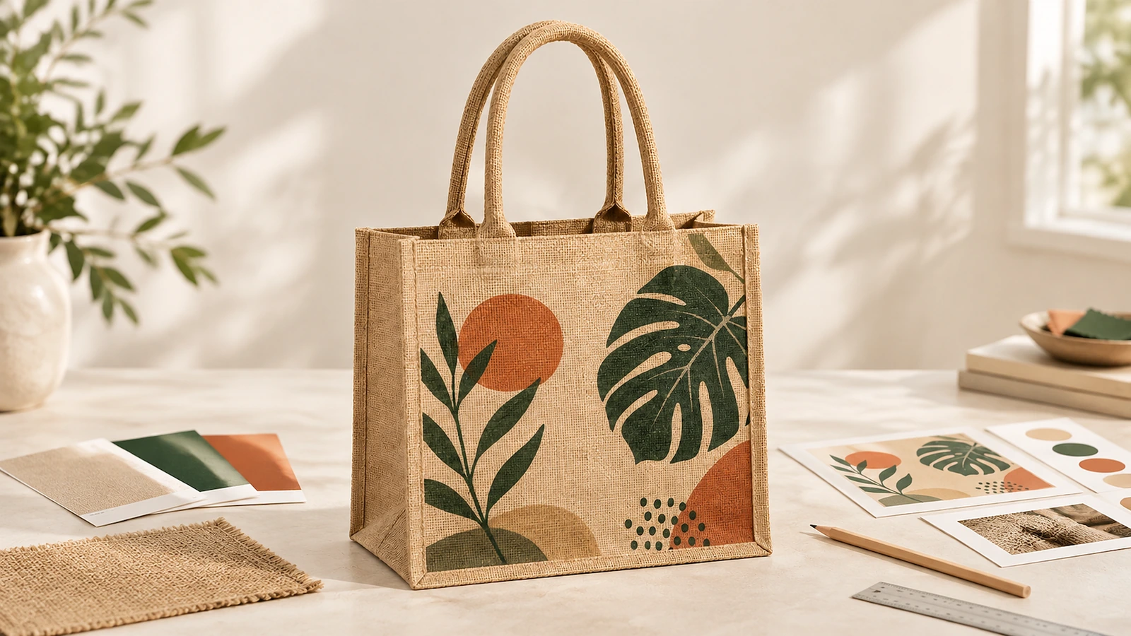 Tas tote jute dengan artwork daun hijau dan terakota di samping sampel kain dan warna