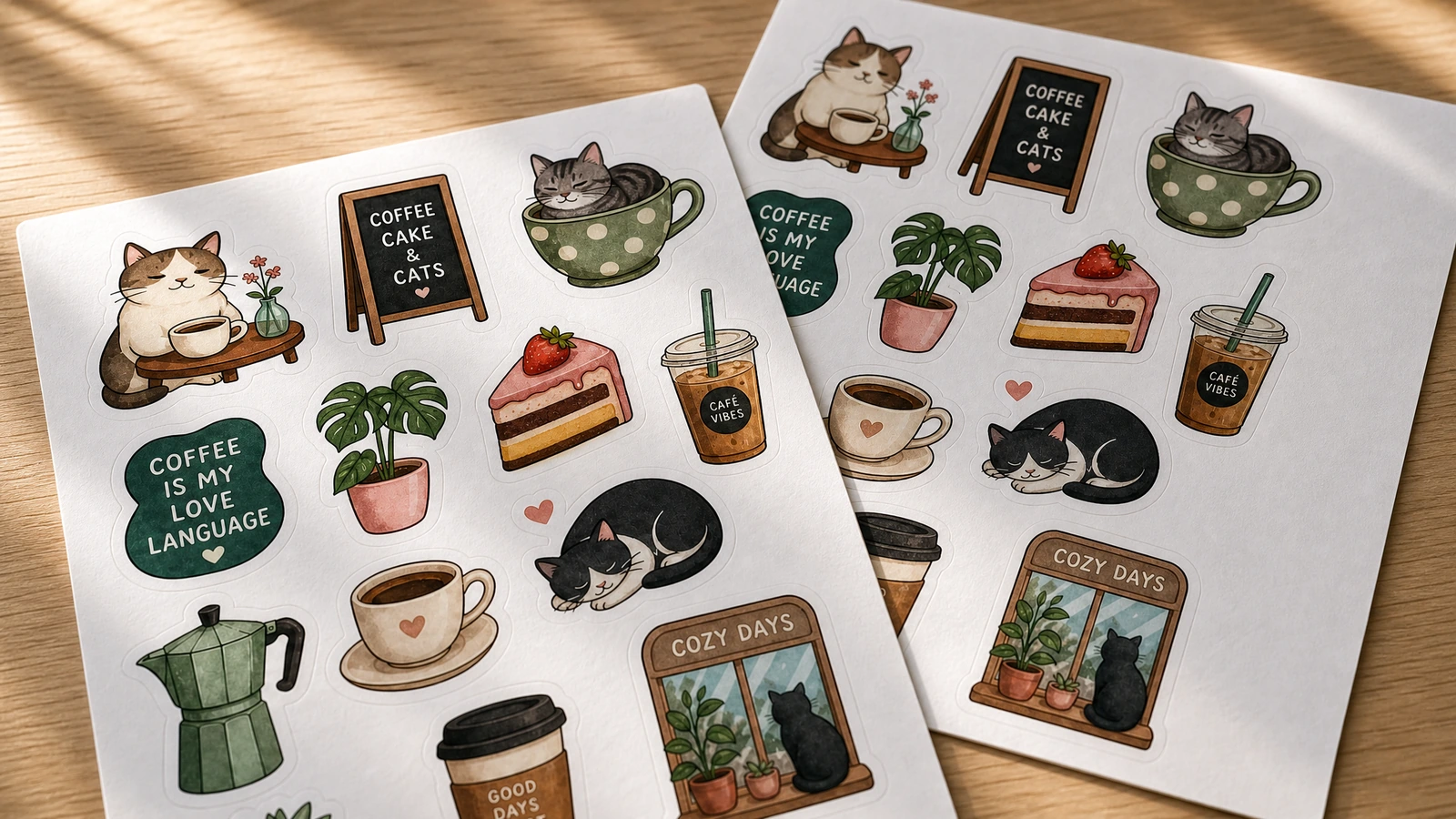 Lembar stiker kucing dan kopi di bawah sinar matahari Dua lembar stiker bertema kucing dan kopi yang saling tumpang tindih di bawah sinar matahari