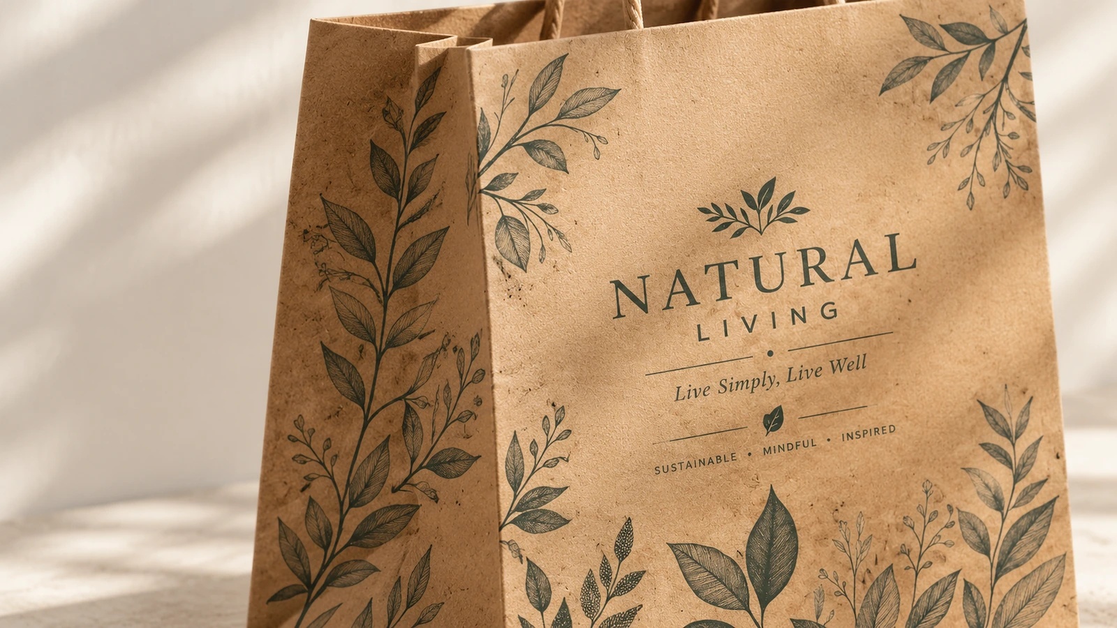 Close-up kantong kertas cokelat yang dicetak dengan daun dan tulisan NATURAL LIVING