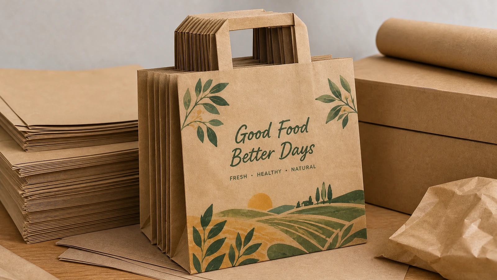 Kantong kertas cokelat dengan pegangan datar dan grafis Good Food Better Days di samping kotak kemasan