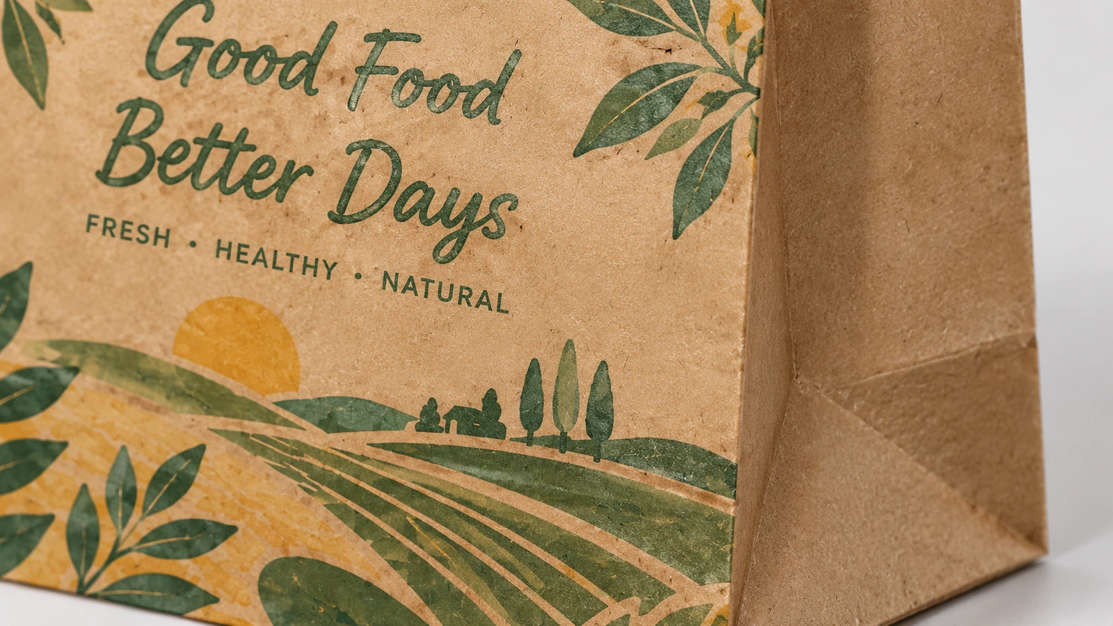 Close-up tulisan Good Food Better Days dan grafis pedesaan pada kertas cokelat