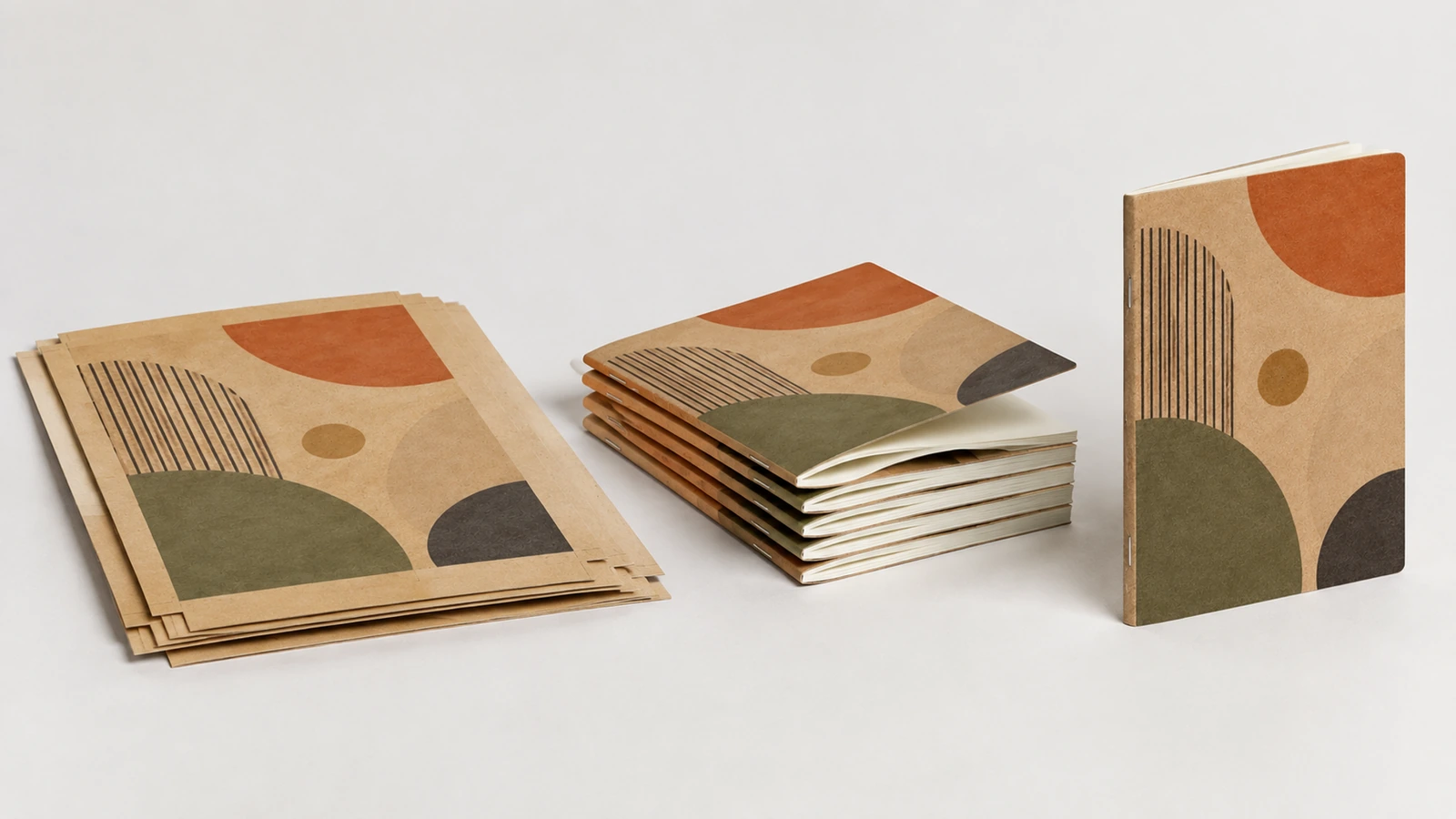 Sampul buku catatan kraft dan tampilan perakitan Ilustrasi sampul datar, buku catatan bertumpuk, dan buku catatan berpola geometris yang berdiri