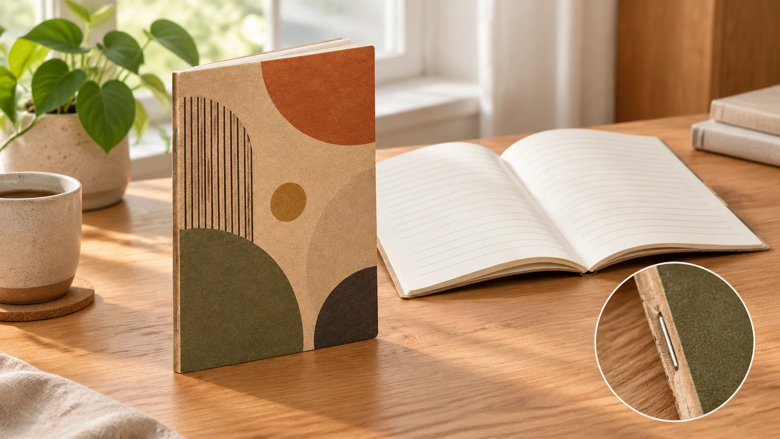 Sampul kraft, halaman bergaris, dan detail kawat jilid Ilustrasi buku catatan kraft yang berdiri di samping buku catatan bergaris yang terbuka, dengan inset detail kawat jilid