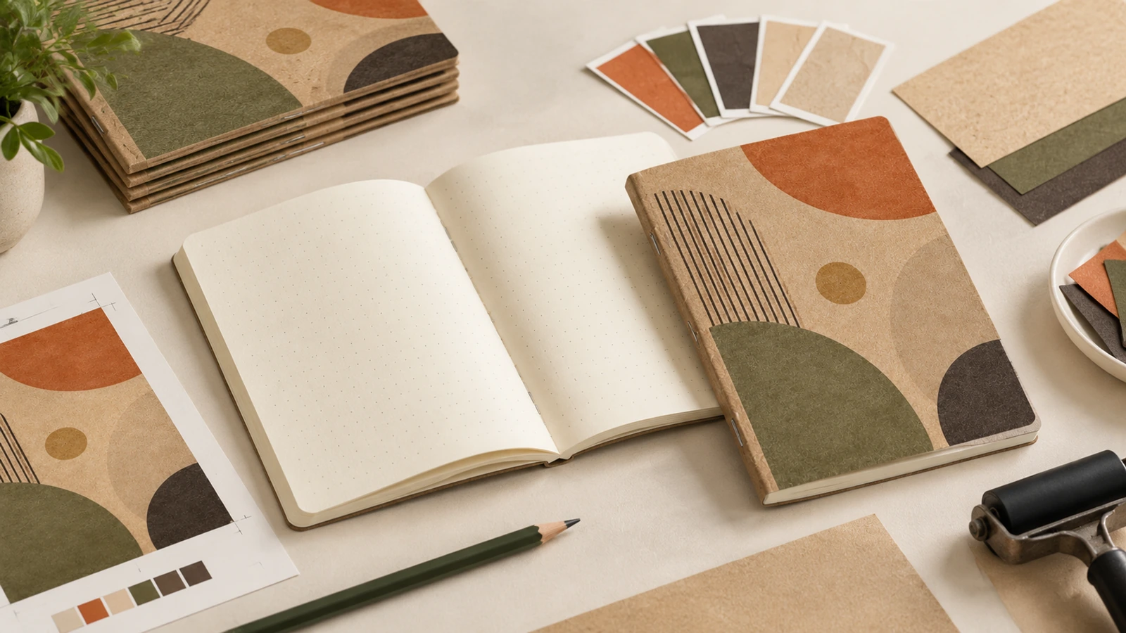 Konsep desain buku catatan kraft dan halaman kosong Ilustrasi buku catatan kraft dengan pola geometris dan buku catatan kosong terbuka di samping file desain dan referensi warna