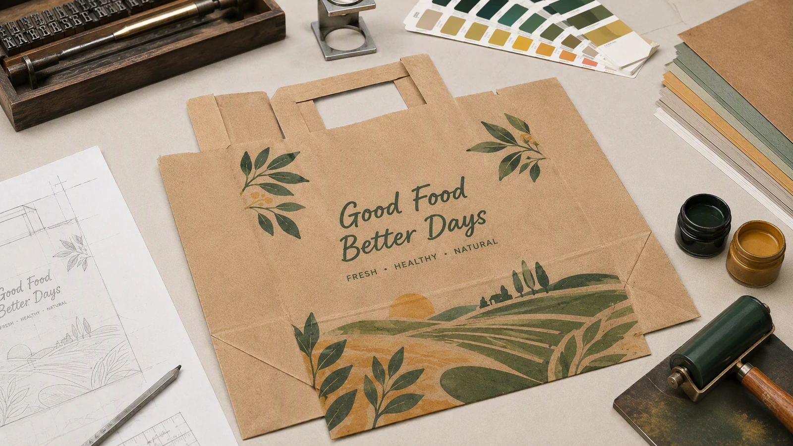 Kantong kertas cokelat datar dengan desain Good Food Better Days di samping gambar, tinta, dan contoh warna