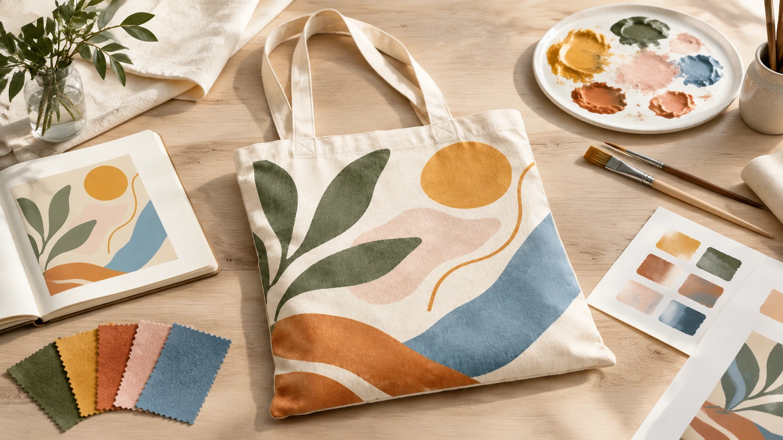 Tote katun bercetak dengan artwork daun dan abstrak di samping cat, sampel warna, dan buku sketsa terbuka
