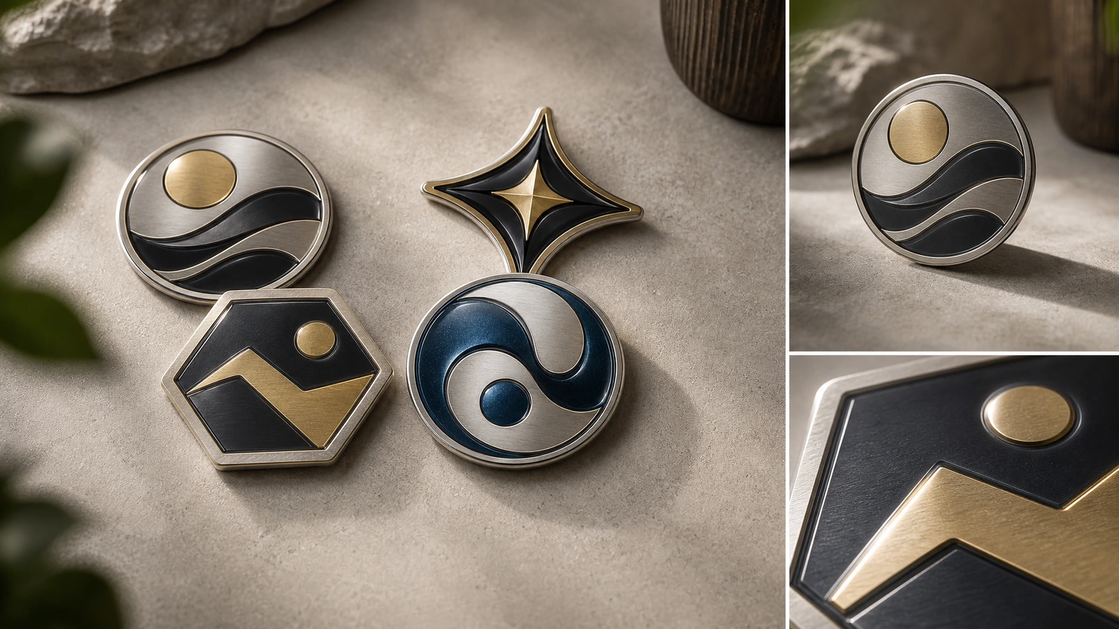 Kolase desain emblem bulat, heksagonal, dan empat titik dengan tampilan detail close-up