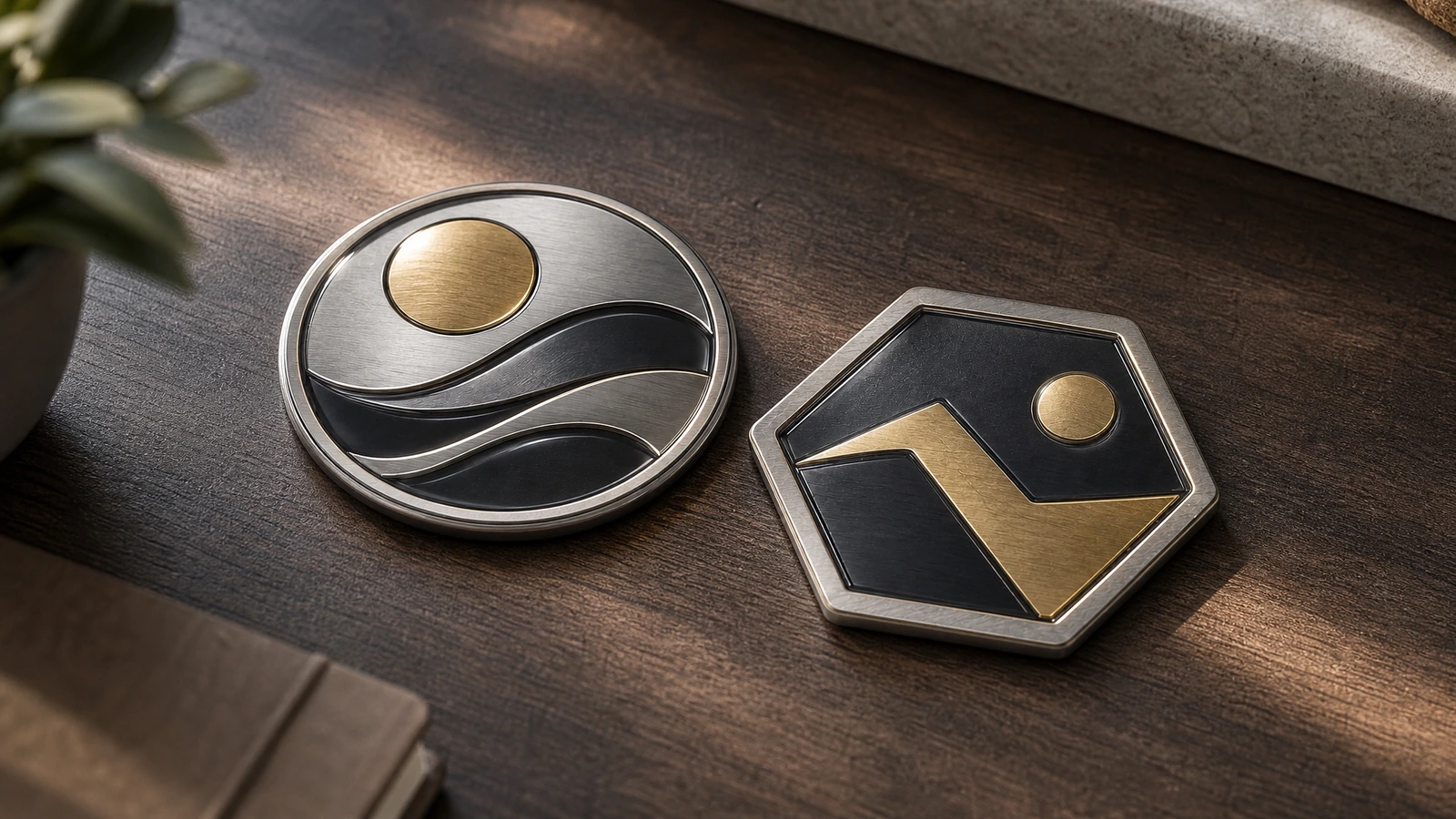 Emblem gelombang bulat dan emblem heksagonal hitam-emas di atas rak kayu