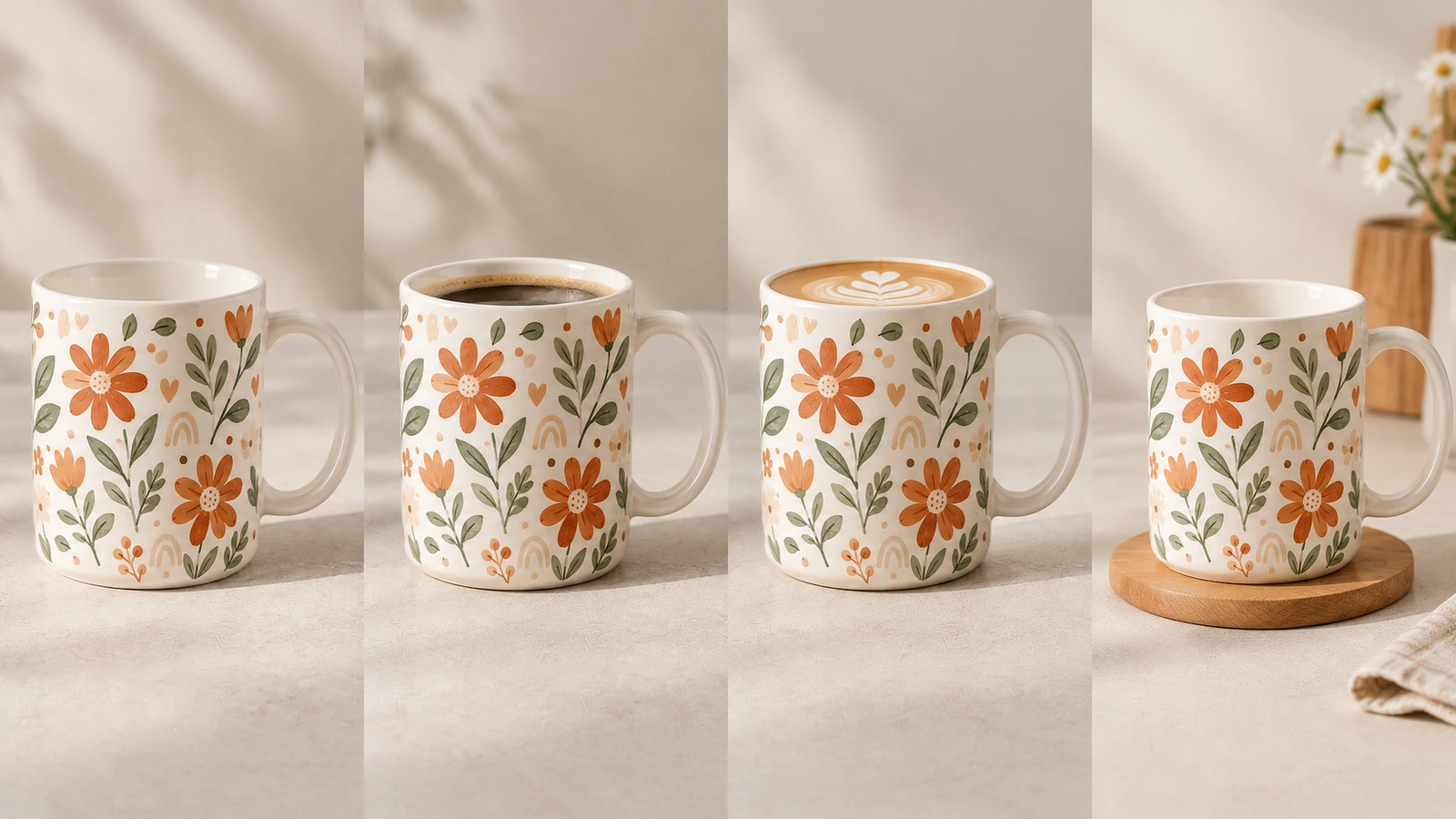 4 tampilan berdampingan dari mug bermotif bunga, termasuk kopi hitam dan minuman berbusa