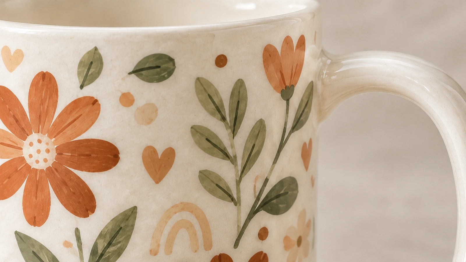 Close-up bunga oranye, daun hijau, dan pegangan melengkung pada mug keramik