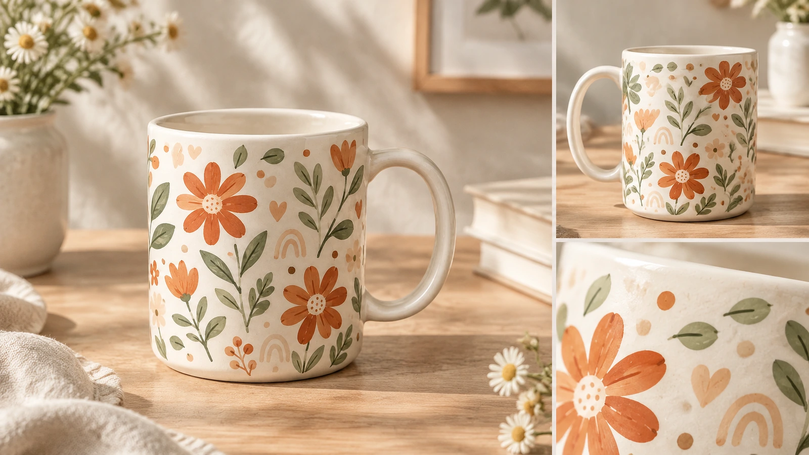 Kolase tampilan mug keramik bermotif bunga dan detail hiasan dari dekat